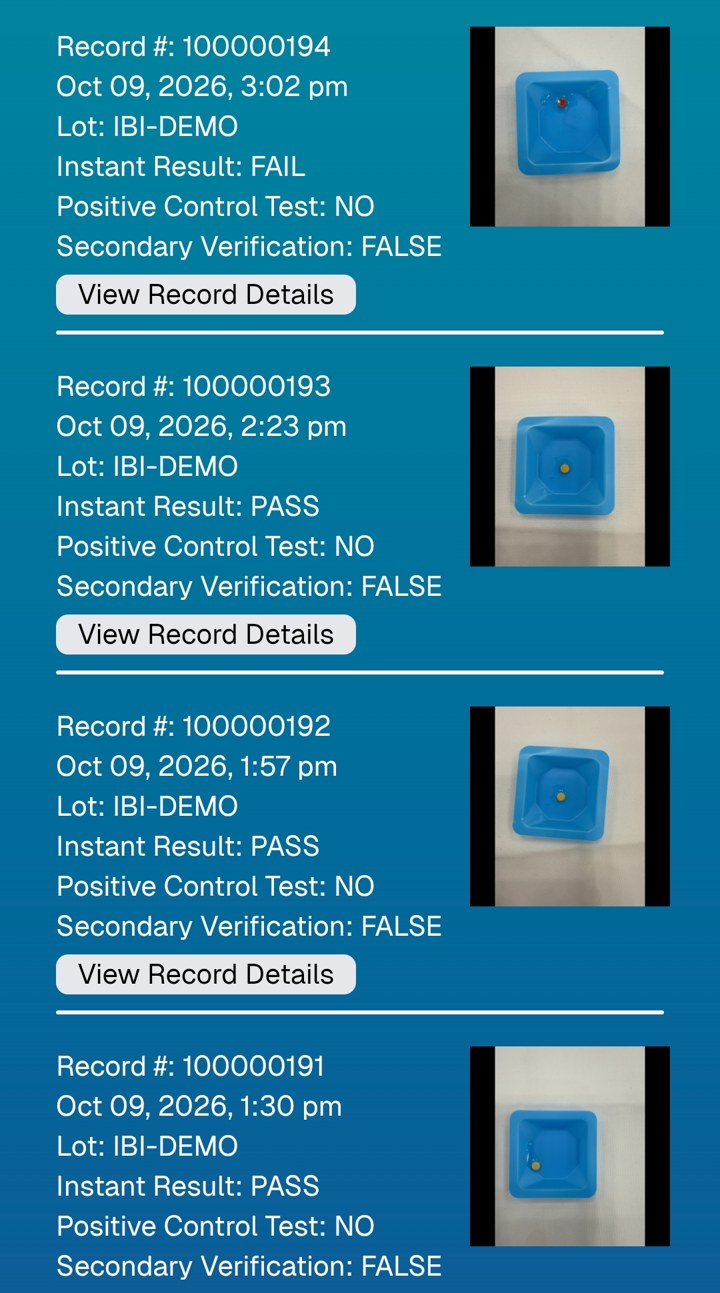 InstaTRU app test log with date, lot number, pass or fail result and a photo of each indicator
