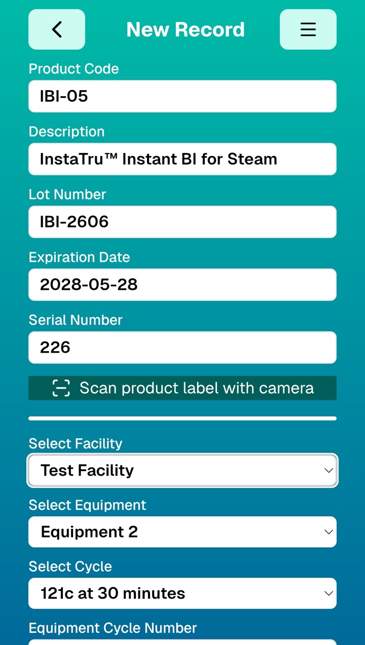 InstaTRU app New Record screen with product code, lot number and expiration date filled in