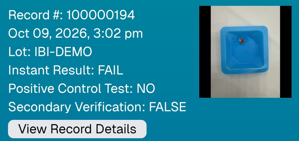 A single InstaTRU app record showing record number, date and time, lot, result FAIL, and a photo of the indicator
